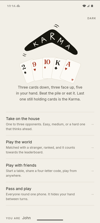 The Karma home screen, light theme