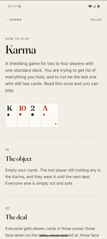 The rules page inside Karma