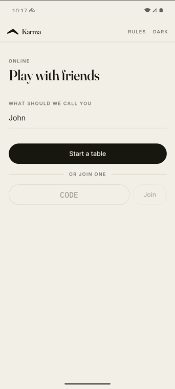 Starting a private table in Karma with a four-letter code