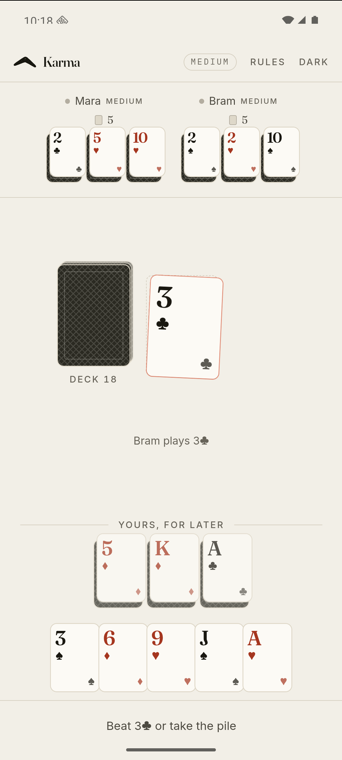 A game of Karma mid-hand — beat the three of clubs or take the pile